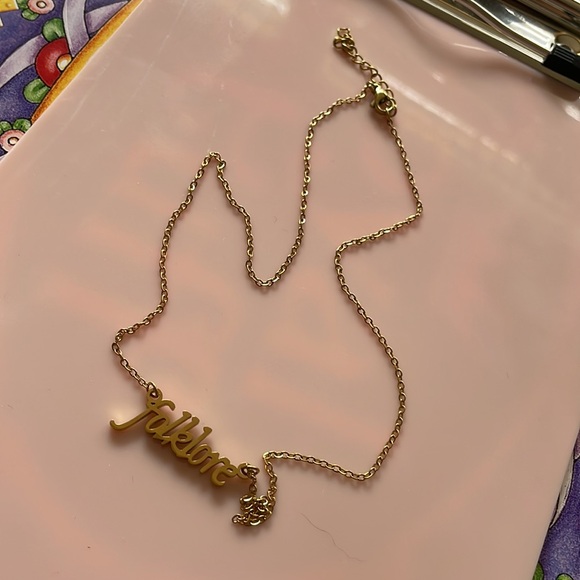 SOLD Taylor Swift Folklore Necklace  Album Gold Handwriting Script Text - Picture 4 of 6